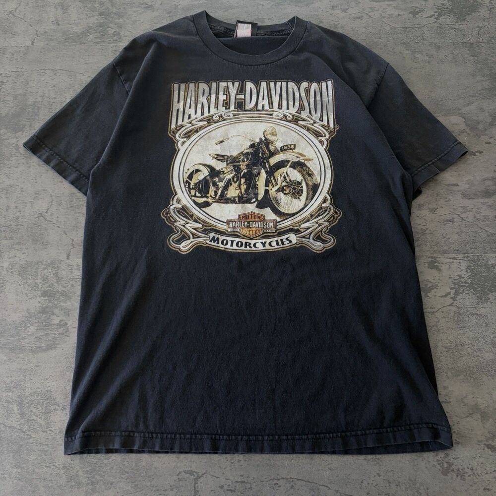 Y2K Harley-Davidson Sunbury Ohio Motorcycle Graphic T-Shirt Black Grunge L